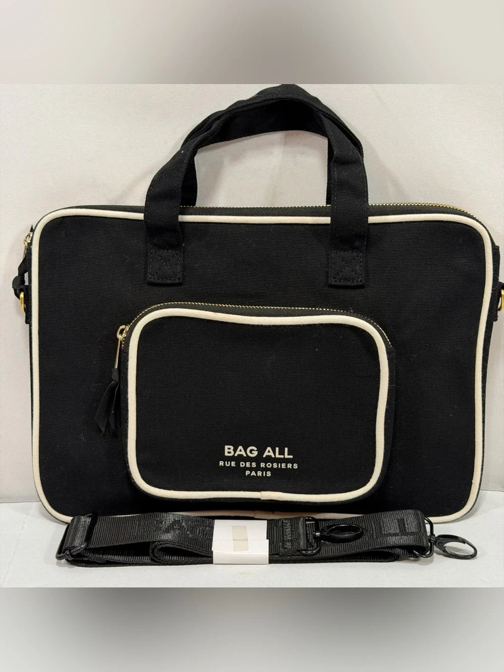 Canvas Designer Laptop Case Tote Bag Black Striped Interior Crossbody Strap Incl